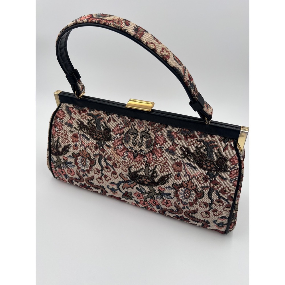 Vintage Tapestry Floral Bird Handbag Gold Tone Hardware Top Handle Bag